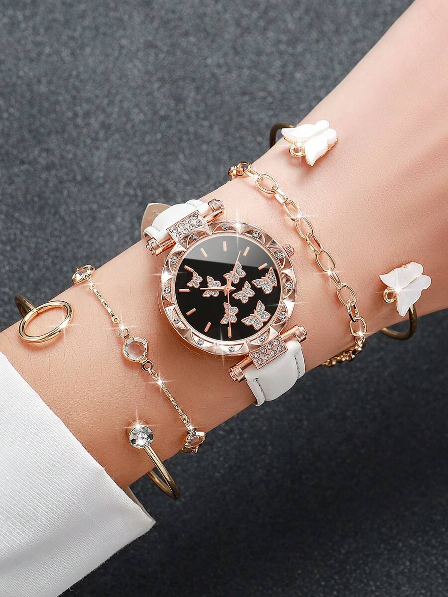 5入組流行時尚女士石英手錶,具有蝴蝶表盤和鑲有鑽石的蝴蝶皮帶,配有蝴蝶手鍊 - 白色 - 查看 1