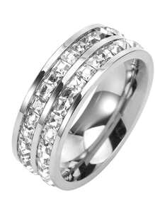 1 Piece Simple And Fashionable, High-End Versatile Stainless Steel Double-Row/Single-Row Full Rhinestone Cubic Zirconia Ring Is Suitable For Couples To Wear As A Birthday Gift - Silver - View 5
