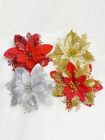 4pcs Multi-Color Cloth Three-Layer Gold Powder Christmas Simulation Flower Christmas Tree Decorative Accessories, Christmas Decor Outdoor, Christmas Gifts