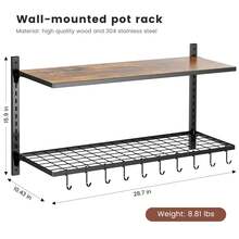 Pot Rack Wall Mounted,Pot Hanger,Wall Rack for Pots and Pans,Adjustable Wall Mount Pot Rack,Wall Pot Rack is a Combination of Wood and Iron,Measures 28.7 x 10 x 16 Inches.(With 12 S-hooks) - Brown - View 5