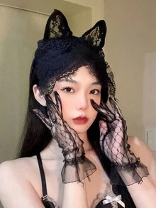 1入組女士鈴鐺裝飾黑色狐狸和貓耳朵眼罩頭帶裝飾品,適用於萬聖節和聖誕節主題裝飾,髮飾