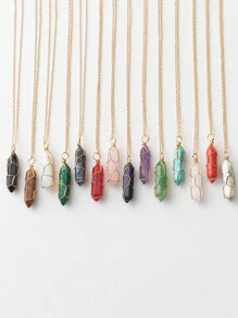 1pc Fashionable Hexagonal Column Crystal Necklace, Natural Stone Handmade Copper Wire Wrapped Pendant, Amethyst & Tiger's Eye Jewelry Necklace