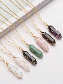 1pc Fashionable Hexagonal Column Crystal Necklace, Natural Stone Handmade Copper Wire Wrapped Pendant, Amethyst & Tiger's Eye Jewelry Necklace
