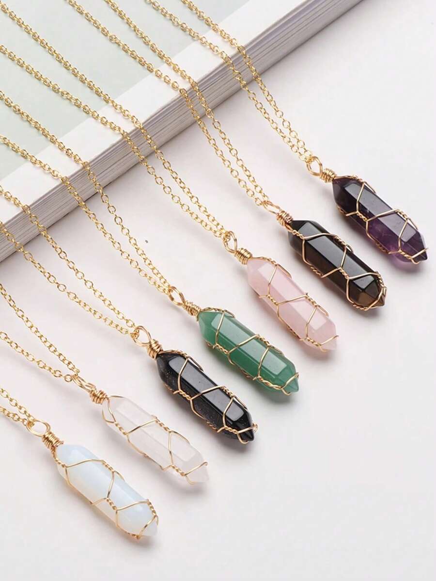 1pc Fashionable Hexagonal Column Crystal Necklace, Natural Stone Handmade Copper Wire Wrapped Pendant, Amethyst & Tiger's Eye Jewelry Necklace