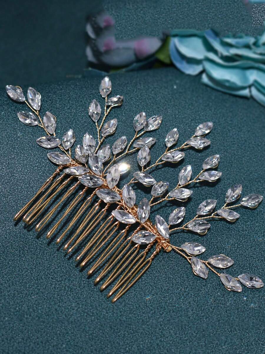 1款女性金色鑽石新娘頭飾套裝,含耳環,適用於婚禮、派對、宴會,優雅大方 - 金色 - 查看 1