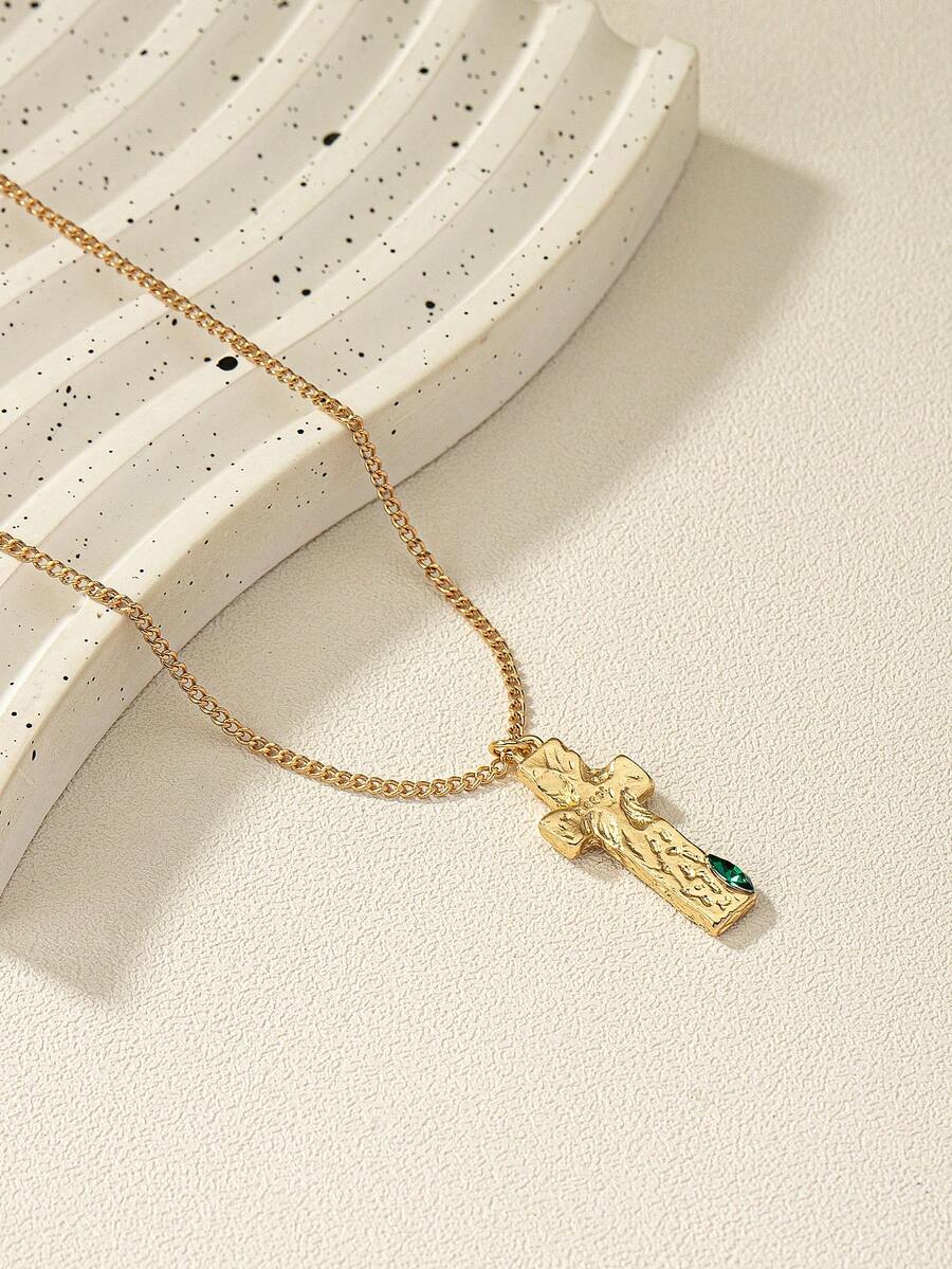 European And American Minimalist Style Emerald Colored Stone Inlay Cross Pendant Necklace - Yellow Gold - View 1