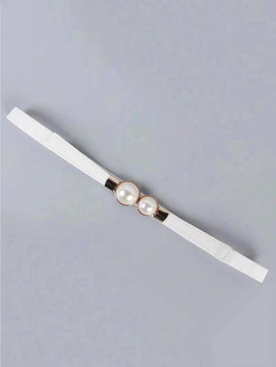 1入女性珍珠扣彈性腰帶，適用於搭配裙子和毛衣的日常穿著，休閒時尚裝飾腰帶