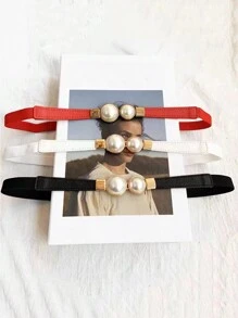 1入女性珍珠扣彈性腰帶，適用於搭配裙子和毛衣的日常穿著，休閒時尚裝飾腰帶