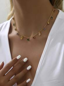 1pc Fashionable Stainless Steel Necklace With Colorful Stone Pendant, Women's Versatile And Exquisite Accessories - Yellow Gold - View 14