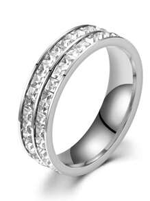 1 Piece Simple And Fashionable, High-End Versatile Stainless Steel Double-Row/Single-Row Full Rhinestone Cubic Zirconia Ring Is Suitable For Couples To Wear As A Birthday Gift - Silver - View 8