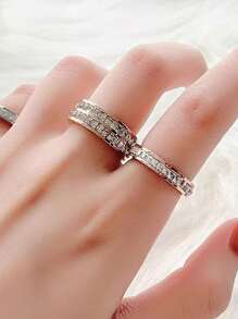 1 Piece Simple And Fashionable, High-End Versatile Stainless Steel Double-Row/Single-Row Full Rhinestone Cubic Zirconia Ring Is Suitable For Couples To Wear As A Birthday Gift - Silver - View 4