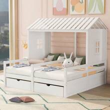 House Style Bed for Kids, Double Twin Daybed with Two Drawers and Roof, Twin Size Platform Bed Frame with Fence and Window for Kids, Teens, Girls & Boys, Easy Assembly - 白色 - 查看 3