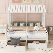 House Style Bed for Kids, Double Twin Daybed with Two Drawers and Roof, Twin Size Platform Bed Frame with Fence and Window for Kids, Teens, Girls & Boys, Easy Assembly - 白色 - 查看 2