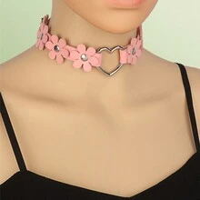 1pc Gothic Choker Collar Necklace With Pu Leather Strap And Metal Chain Design - Flower love necklace - View 11