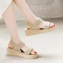 新款女拖鞋,休閒時尚,彈性帶,厚底,防滑橡膠,增加漸層楔形鞋跟,平底涼鞋,中跟拖鞋