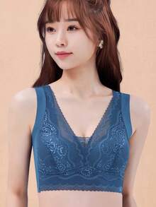 Women's Lace Bra Comfortable Wide Straps Wireless Sexy Everyday Wear | U-Back Bralette, Wireless Underwear, Seamless Sexy Lingerie, Comfortable, Thin Top - Blue - View 2