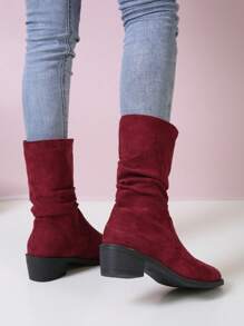 Autumn/winter Fashionable Round Toe Mid-heel Stack Boots, British Style Denim Boots