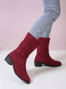 Autumn/winter Fashionable Round Toe Mid-heel Stack Boots, British Style Denim Boots