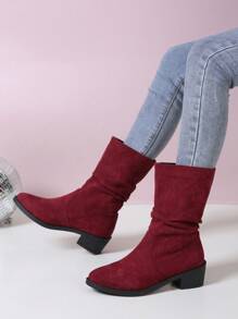 Autumn/winter Fashionable Round Toe Mid-heel Stack Boots, British Style Denim Boots
