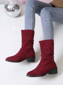 Autumn/winter Fashionable Round Toe Mid-heel Stack Boots, British Style Denim Boots