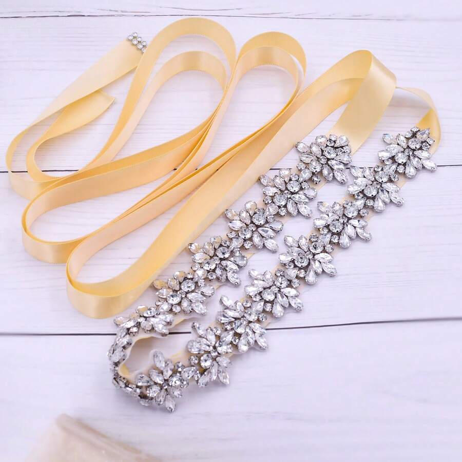 1入歐美新娘婚禮腰帶,晚禮服腰飾,閃閃發光的銀色鑽石花朵