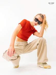 NO ONE | Ribbed Knit Lettuce Trim Crop Top Beach T-Shirt