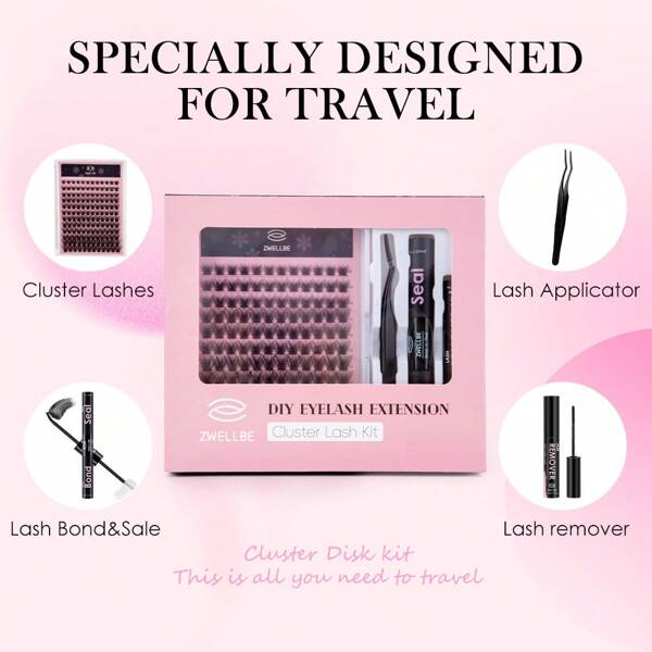 Diy Eyelash Extension Tool Kit With 144pcs Lash Clusters, Lash Tweezer, Glue & Sealant And Glue