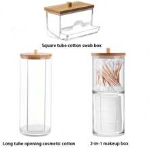 1 Pieza/3 Piezas Soporte Multifuncional Para Almohadillas Con Tapa De Bambú Para Almacenamiento En Baño - Dispensador De Acrílico, Frasco De Redondo Transparente Y Frasco De Almacenamiento De Cosméticos De Plástico - Set Organizador De Maquillaje
