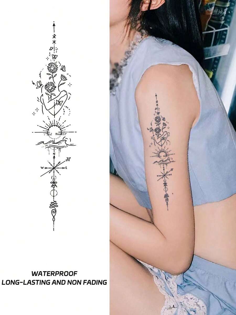 1片花和日出圖案暫時性紋身貼紙,防水防反光,適用於手臂或背部 - 黑色 - 查看 1