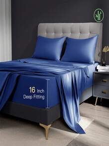 Bamboo Bed Sheets Set 4 Piece, 1800 Thread Count Super Silky Soft Sheet, 16 Inch Deep Pocket Breathable Sheet Set, Machine Washable- King/Queen - Navy Blue - View 5
