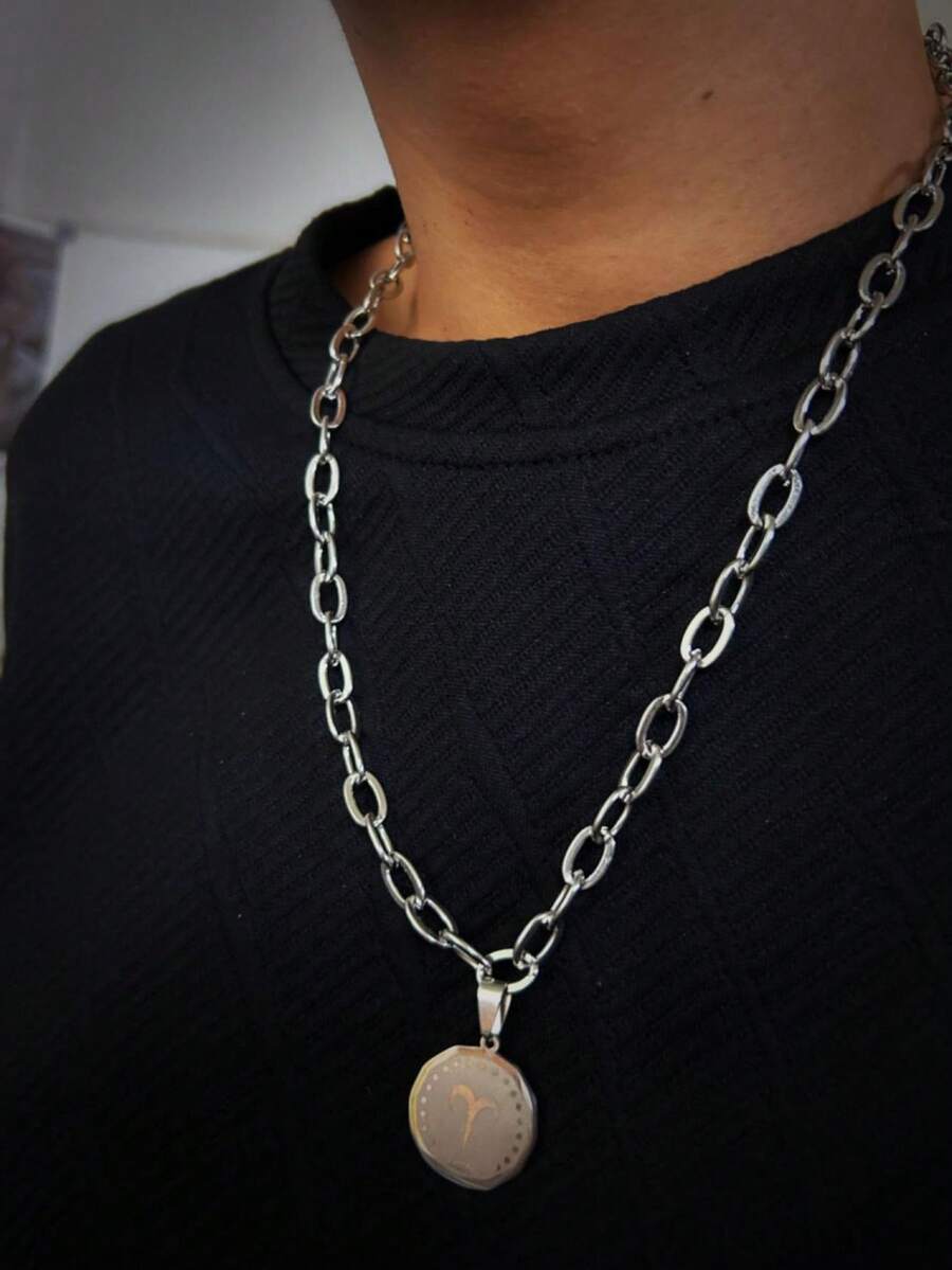 1入不鏽鋼黃道十二宮圓形吊墜頸鍊,雙面鏡面設計,男女均可時尚搭配 - 銀色 - 查看 1