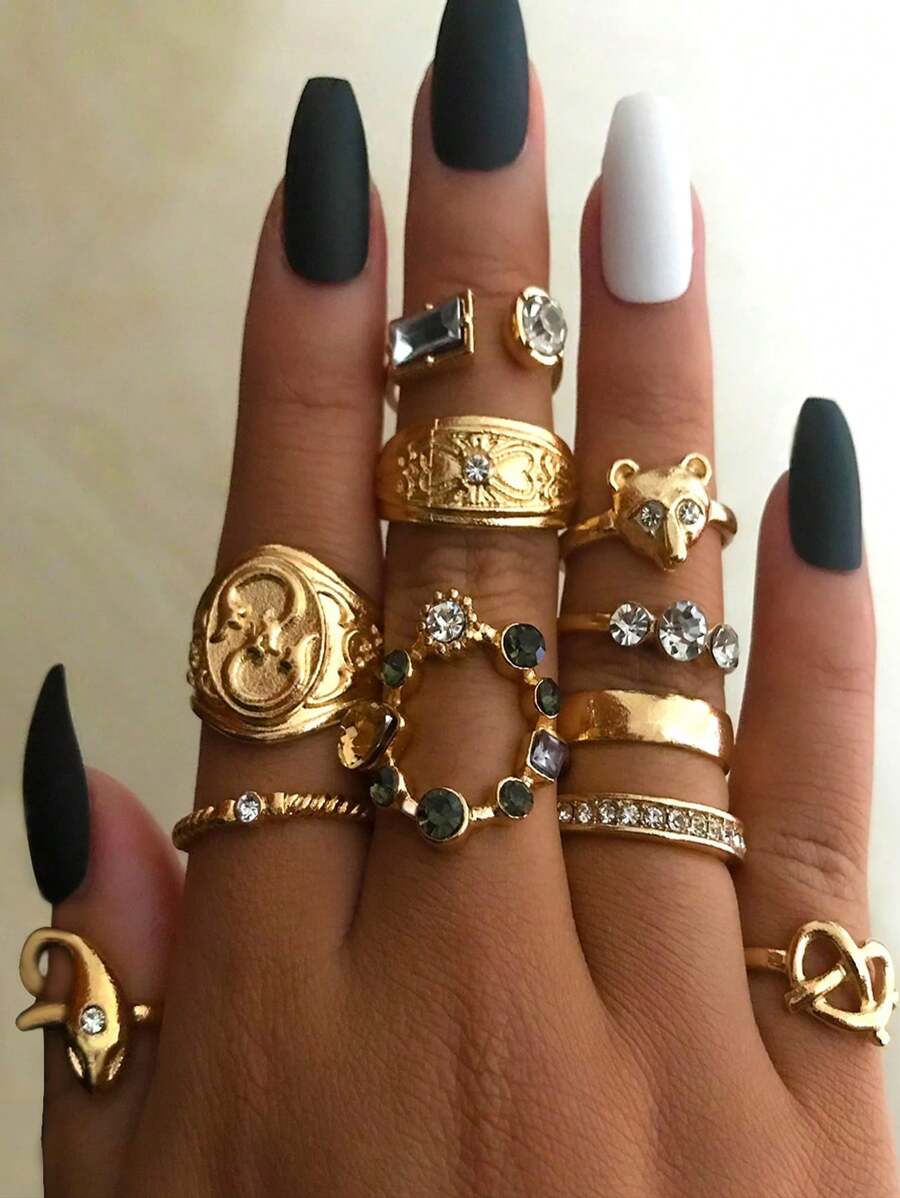 11pcs/Set Asymmetrical Rings Combination Of Dragon, Totem, Snake And Bear