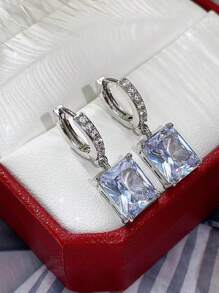 2 件裝歐美簡約氧化鋯吊墜耳環,百搭風格,適合女士日常佩戴 - 銀色 - 查看 3