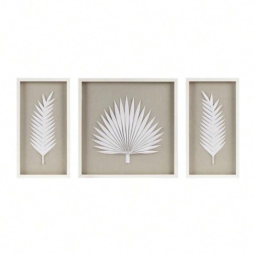 Framed Rice Paper Palm Leaves 3-piece Shadowbox Wall Decor Set - Beige - View 1