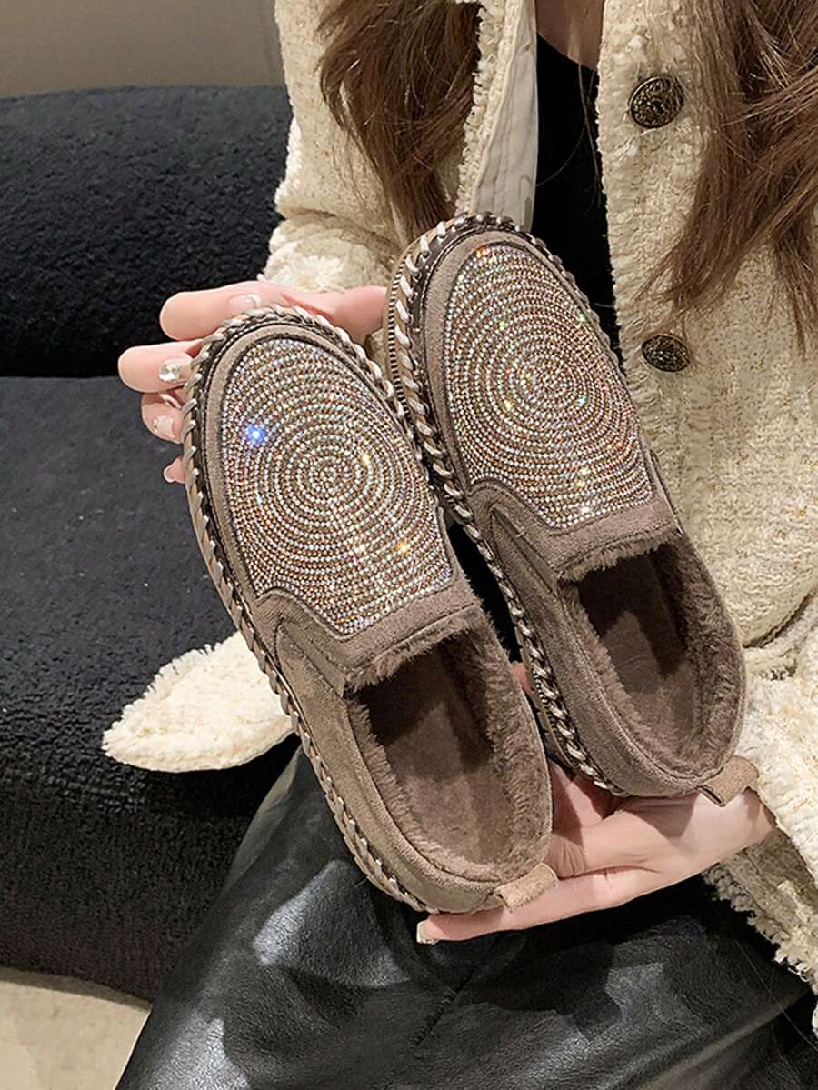 水鑽樂福鞋女平底鞋秋冬保暖休閒鞋厚底平底軟底大尺碼青蛙情侶鞋 - 卡其色 - 查看 1