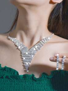 2 件套珠寶套裝,水鑽項鍊和耳釘,婚禮、派對新娘配件 - 銀色 - 查看 1