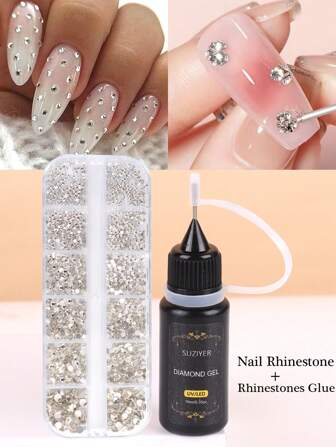 1盒白色水钻美甲胶套装，10毫升水钻填充胶，宝石美甲凝胶，宝石饰品美甲饰品，水钻耳环，透明3D装饰美甲和美容配件