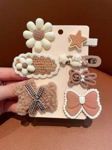 7pcs/set Ladies' Plush Bear & Rabbit Hair Clips With Fabric Flower Detail, Non-damaging Hair Accessories For Daily Use In Fall And Winter - Coffee - View 1