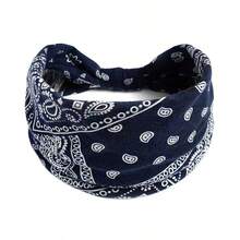 印花佈條女性休閒運動彈性吸汗頭帶,寬鬆深藍色汗帶