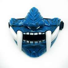 1pc Creative Hannya Half-Face Horror Mask Anime-Inspired Realistic Tiger Teeth Masquerade Mask For Life Parties, Cosplay, And Performance - Blue - View 3
