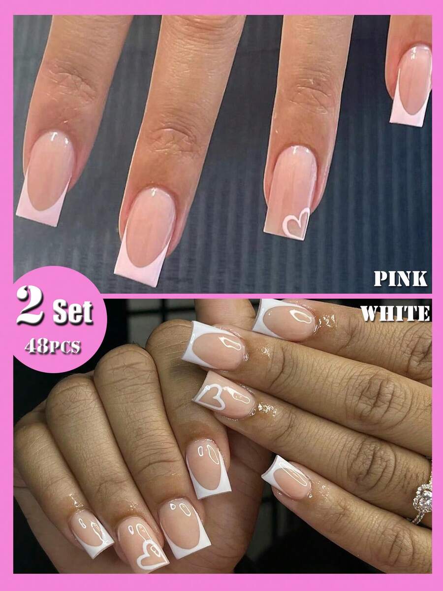 ARTAUG 24入組粉色長方形法式壓片假指甲愛心設計，含1pc指甲檔，1pc指甲黏貼膠套組，適用於女孩、媽媽和女性禮物、美甲用品和批發，可拆卸式假指甲美白美甲套裝，適用於節日、派對、約會和日常佩戴。