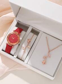 1入組圓形指針石英手錶和5入組首飾套裝 - 紅色 - 查看 1