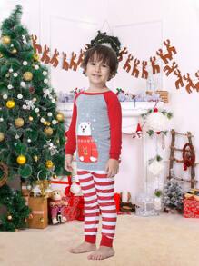 Boys 1set Cartoon Graphic Raglan Sleeve Tee & Striped Trousers Snug Fit PJ Set - Multicolor - View 7