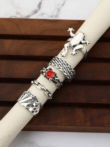 5 枚/套龐克青蛙形狀寶石和撲克牌設計戒指套裝,適合女性日常佩戴