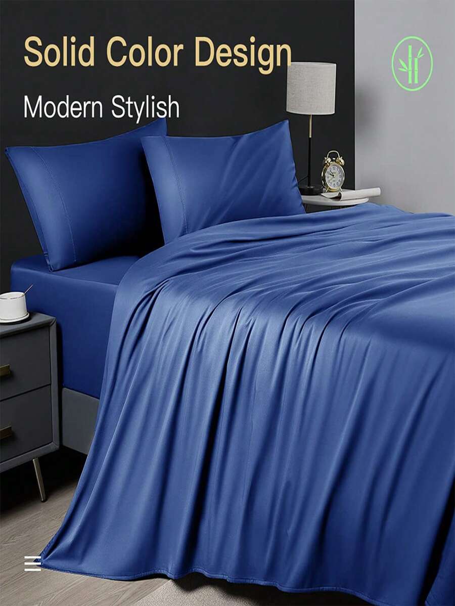 Bamboo Bed Sheets Set 4 Piece, 1800 Thread Count Super Silky Soft Sheet, 16 Inch Deep Pocket Breathable Sheet Set, Machine Washable- King/Queen - Navy Blue - View 1