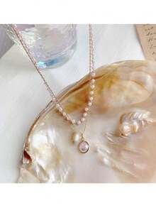 女士雙層珍珠項鍊,ins風格鎖骨鏈式頸圈,簡約獨特頸帶,時尚潮流 - 金色 - 查看 6