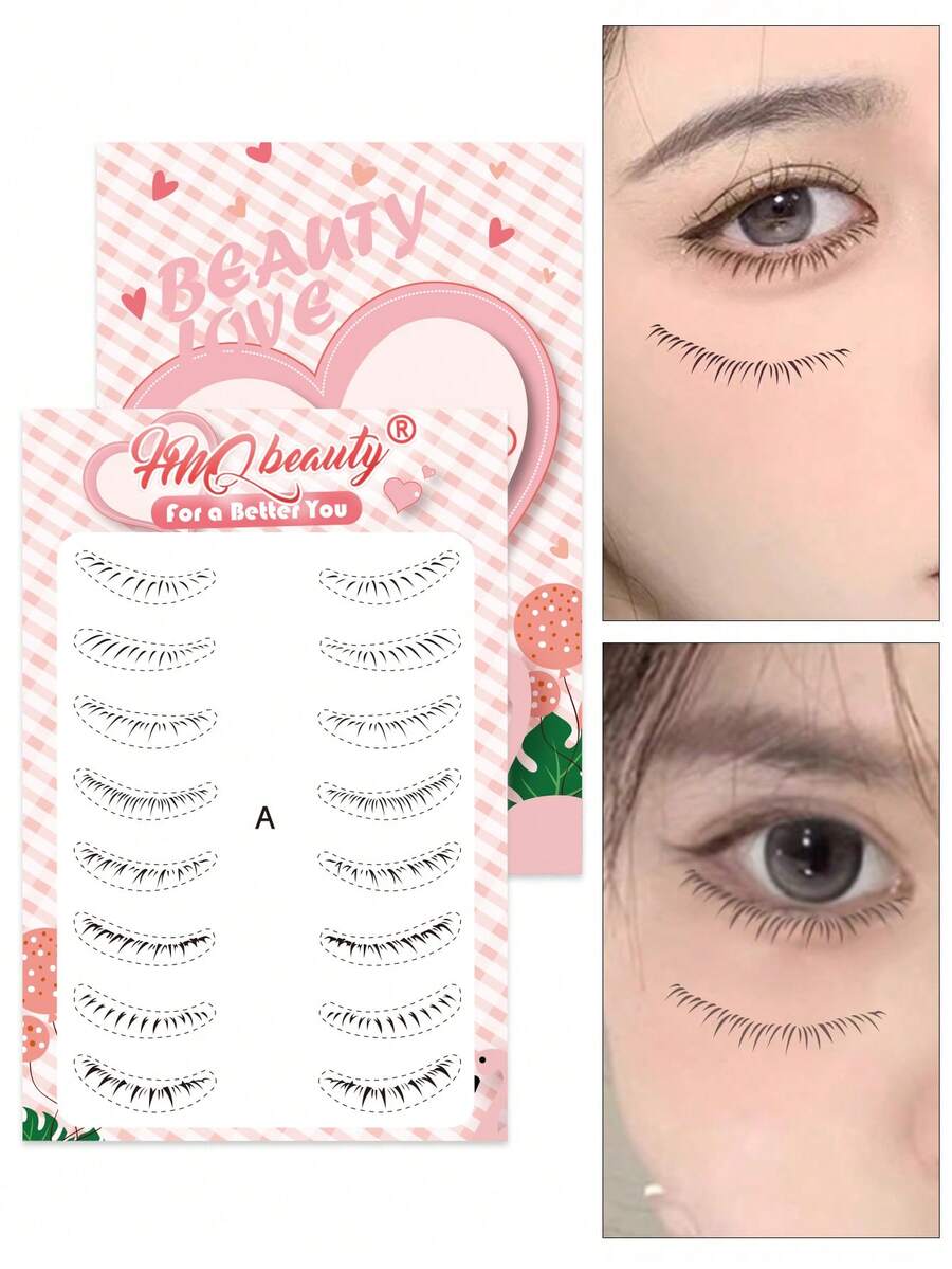 HMQ beauty 8對自然假睫毛紋身貼紙,一次性方便妝容貼紙,3d自然仿真防水眼部美妝工具 - 粉色 - 查看 1