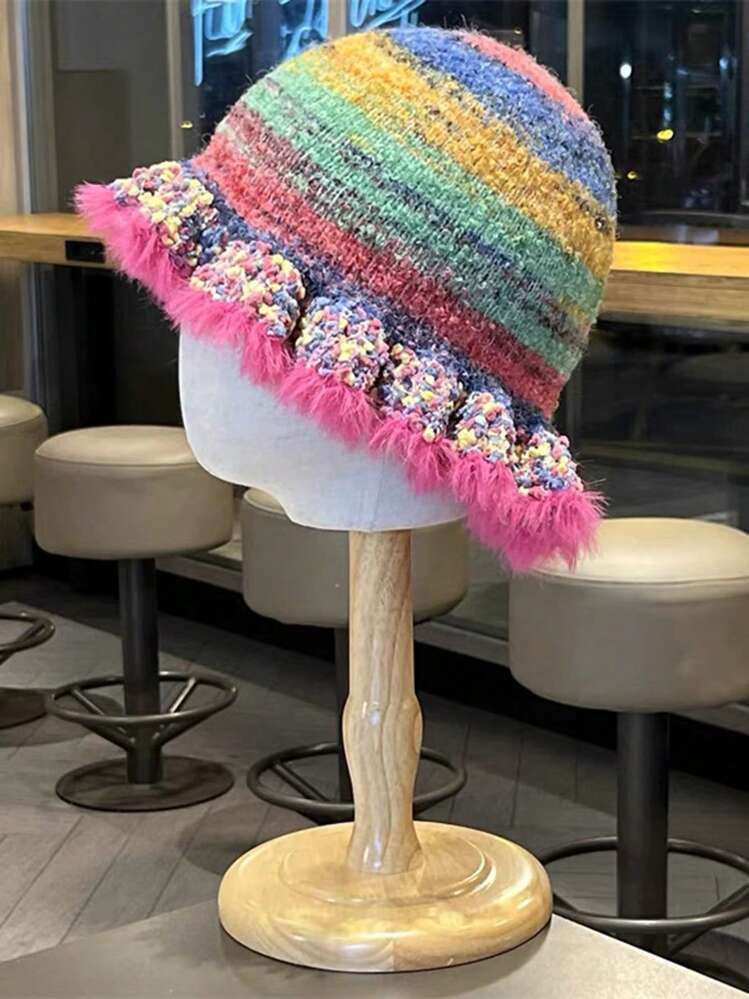 1pc Colorful Striped Fisherman Beanie Knit Hat With Flower Decor