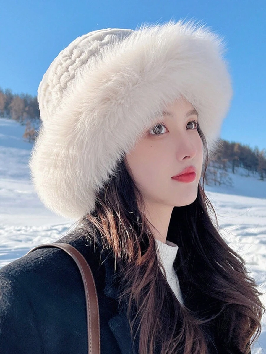 1頂女式寬邊狐貍毛絨桶帽，秋冬季節，保暖護耳，日風風格，加厚雙層桶帽