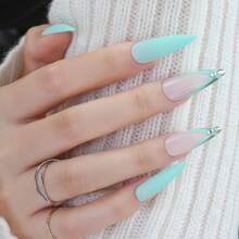 ¡actualiza Tu Estilo! 24 Piezas / Set Uñas Postizas En Forma De Estilete Largo Con Decoración De Pedrería, Uñas Postizas Con Cobertura Completa Y Prensado De Color Para Mujeres Y Niñas - Celeste - Ver 3